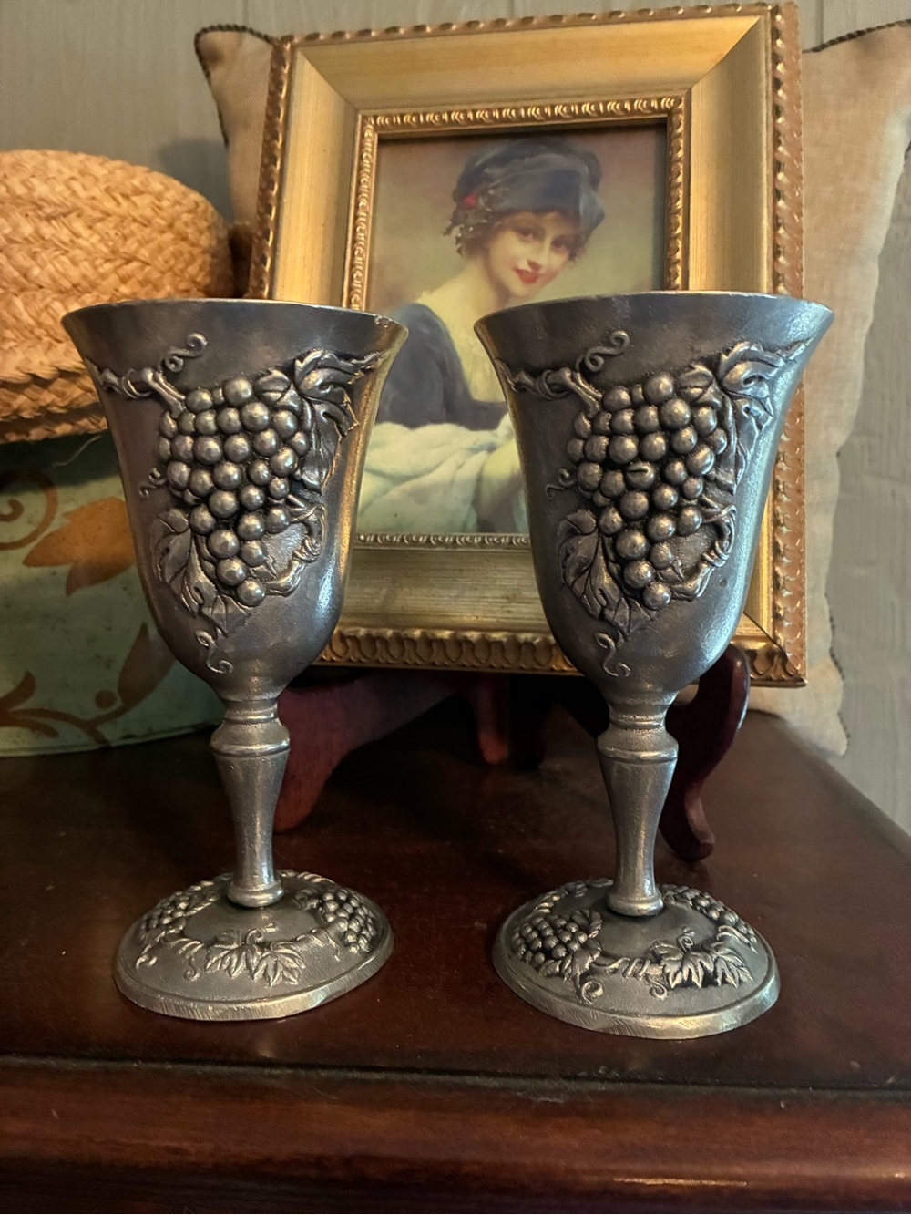 Ornate Silver-Tone Grape Goblet Pair - Decorative Wine Goblets